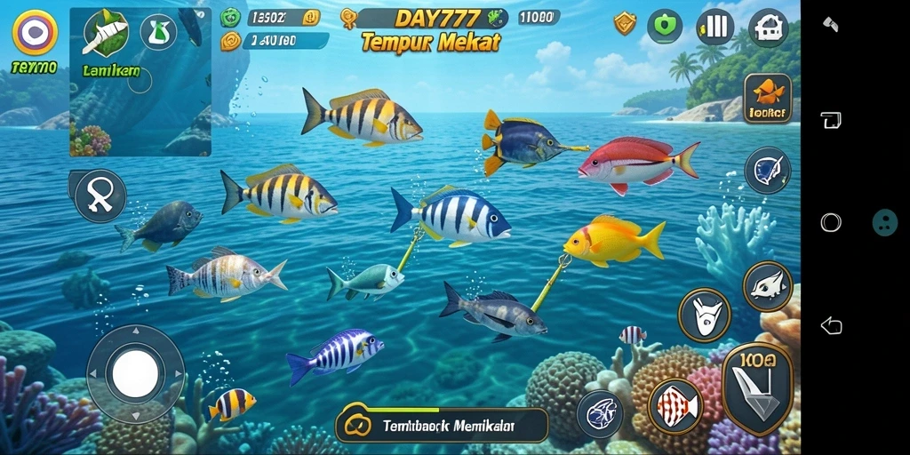 Gameplay seru menangkap ikan di bawah laut dengan berbagai senjata.