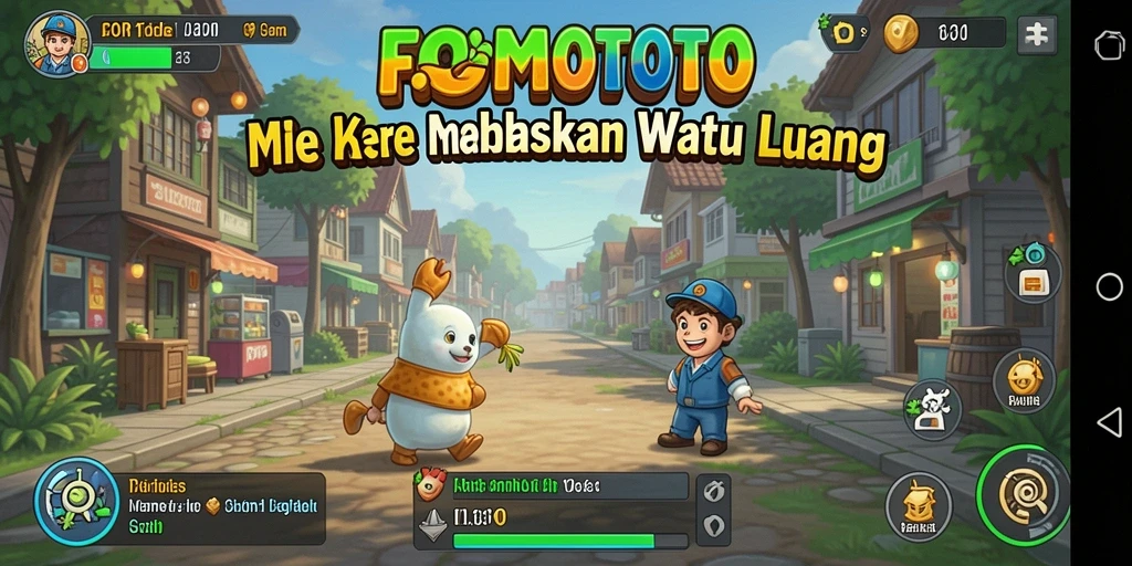 Screenshot gameplay FOMOTOTO dengan karakter dan aktivitas menyeronokkan.
