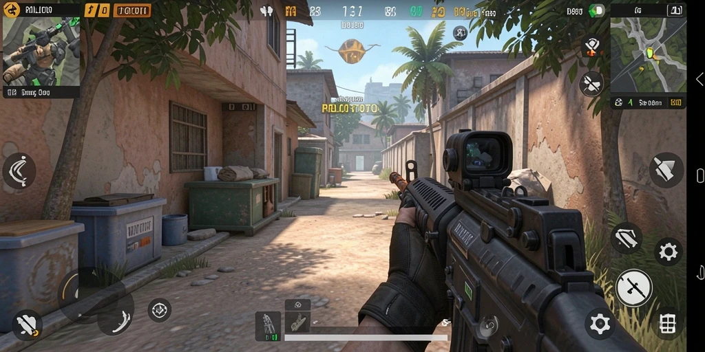 Screenshot gameplay POLOTOTO menampilkan aksi menembak yang seru dan dinamis.