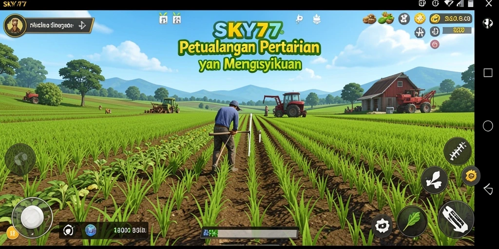 Screenshot gameplay <strong>SKY77</strong> yang menunjukkan aktivitas bertani yang seru.