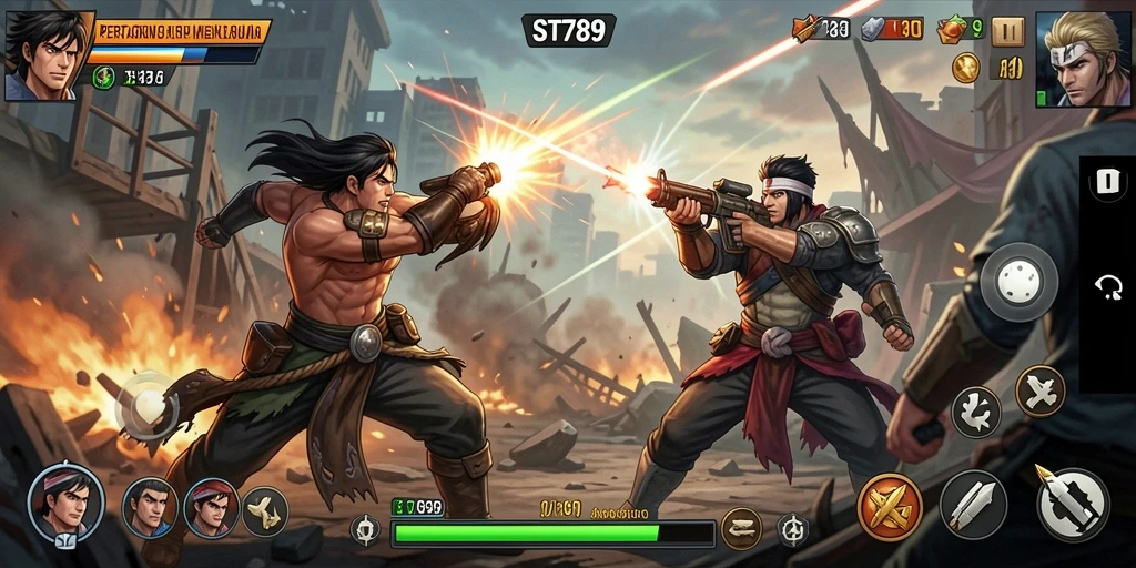 Tampilan gameplay ST789 yang mendebarkan dengan pertarungan karakter yang intens.