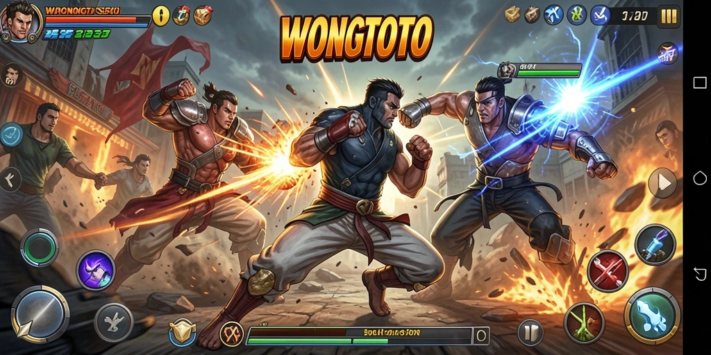 Screenshot gameplay WONGTOTO menampilkan aksi pertempuran yang mendebarkan.